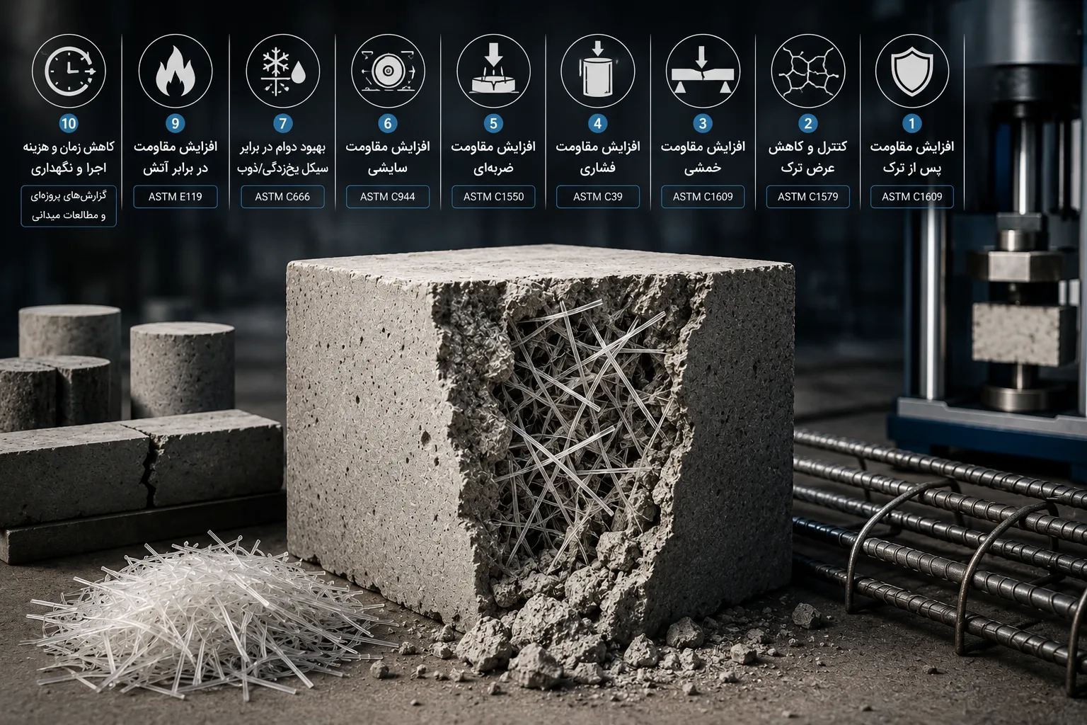 Benefits of synthetic fiber shown in a cutaway concrete slab