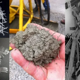 Synthetic fibers, steel fibers and a handful of fiber-mixed concrete shown side by side
