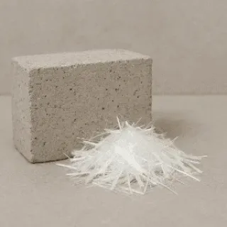 A concrete block beside a small pile of white synthetic reinforcing fibers