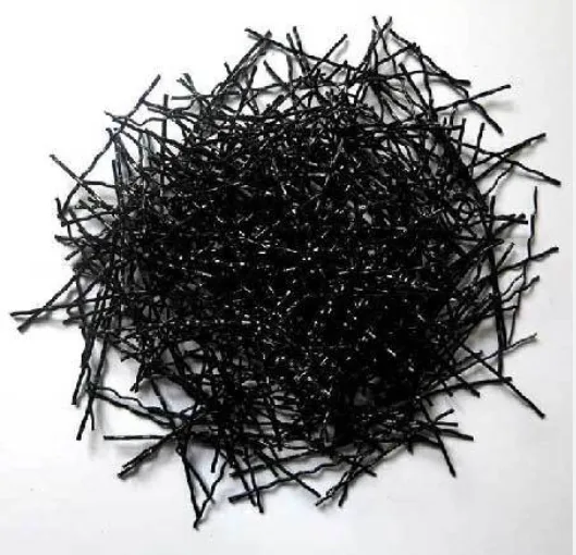 A pile of black crimped macro synthetic fibers