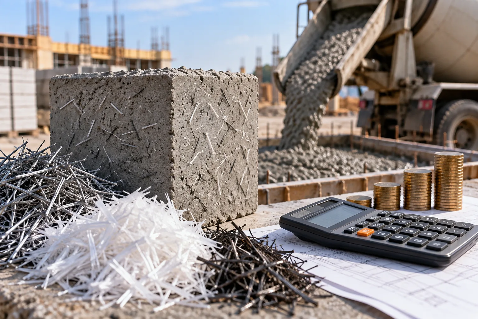 Fiber-reinforced concrete cube beside piles of steel and synthetic fibers, with a calculator and coins on a drawing — costing concrete fiber per cubic metre