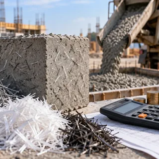Fiber-reinforced concrete cube beside piles of steel and synthetic fibers, with a calculator and coins on a drawing — costing concrete fiber per cubic metre
