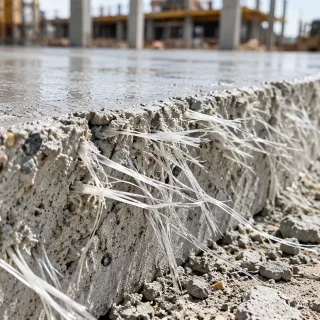 Site-guide graphic for fibers on a concrete surface: magnesium bullfloat, a 15-minute pause when fibers appear, broom in one direction