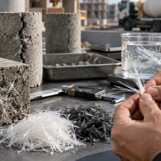 Buying-guide graphic: checking virgin polypropylene fiber with a float test, a burn test and a length check