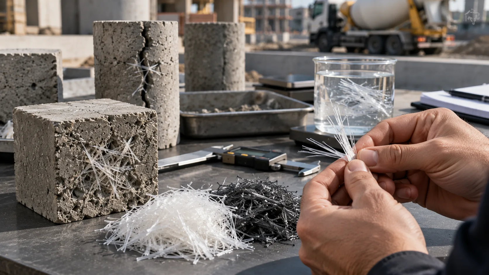 Buying-guide graphic: checking virgin polypropylene fiber with a float test, a burn test and a length check