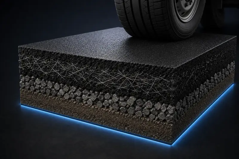 Cutaway of a fiber-reinforced asphalt pavement under a truck wheel