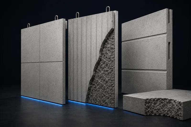Cutaway of fiber-reinforced precast concrete facade panels