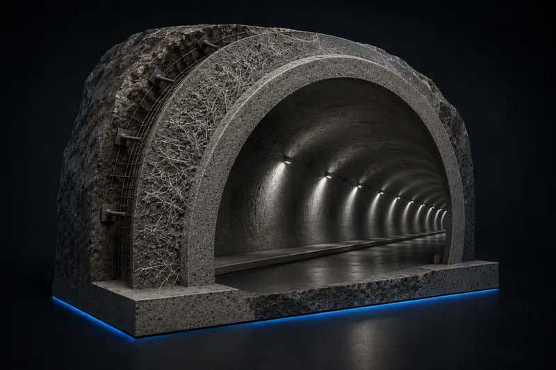 Cutaway model of a fiber-reinforced shotcrete tunnel lining
