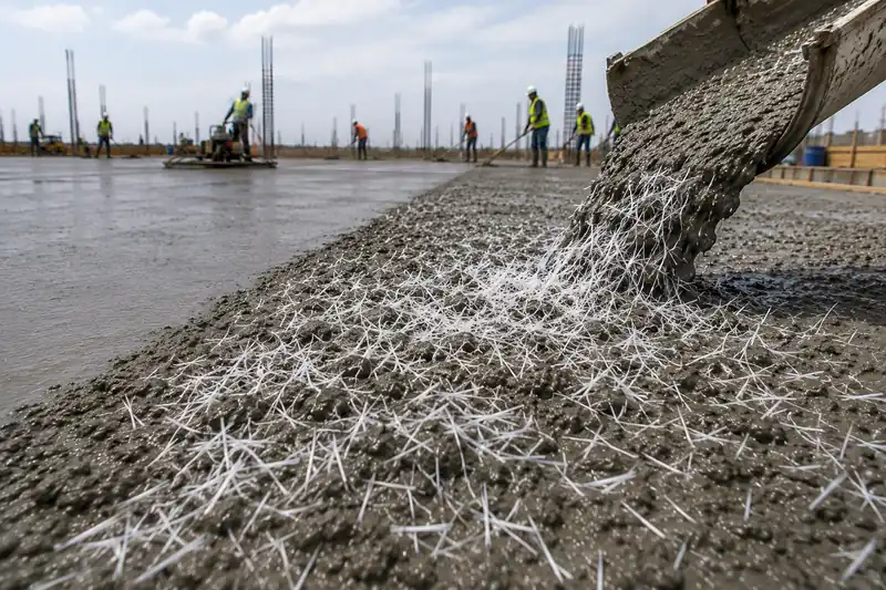 Fresh fiber-reinforced concrete flowing from a chute on site