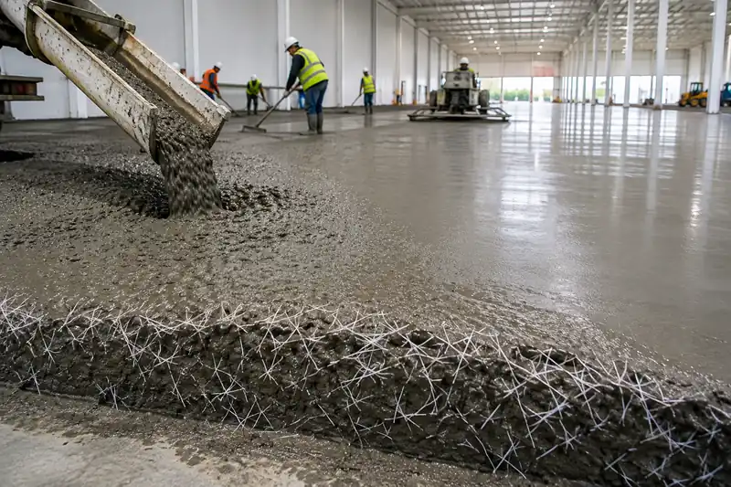 Fiber-reinforced concrete discharging onto an industrial floor slab