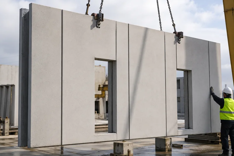 Precast concrete facade panels being lifted into position