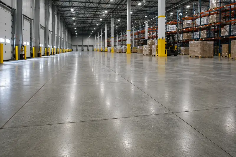 Jointless polished concrete floor in a distribution warehouse